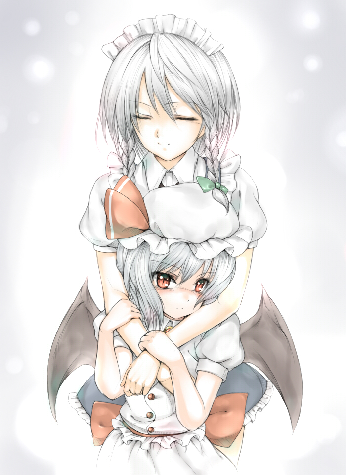 takemori shintarou, izayoi sakuya, remilia scarlet, touhou, silver hair, bad id, bad pixiv id, 2girls, blue hair, blush, braid, closed eyes, female focus, hat, headdress, hug, hug from behind, maid, maid headdress, multiple girls, red eyes, side braid, slit pupils, twin braids, wings