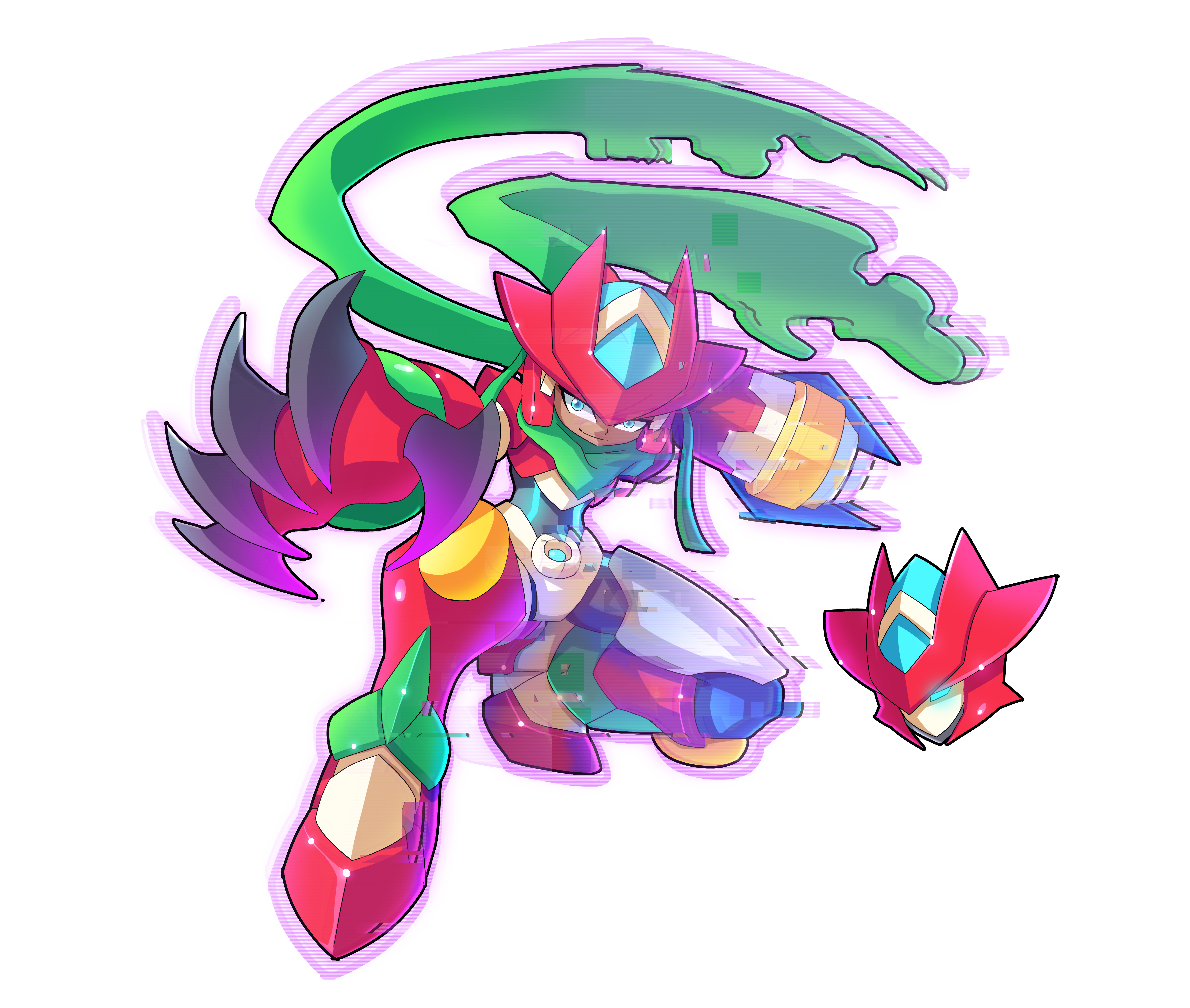 ultimatemaverickx, ray (mighty no. 9), mega man (series), mega man zx, mighty no. 9, absurdres, commission, highres, tagme, 1girl, android, arm cannon, armor, biometal, blue eyes, bodysuit, claws, full body, green scarf, helmet, red armor, red helmet, redesign, scarf, simple background, squatting, weapon, white background