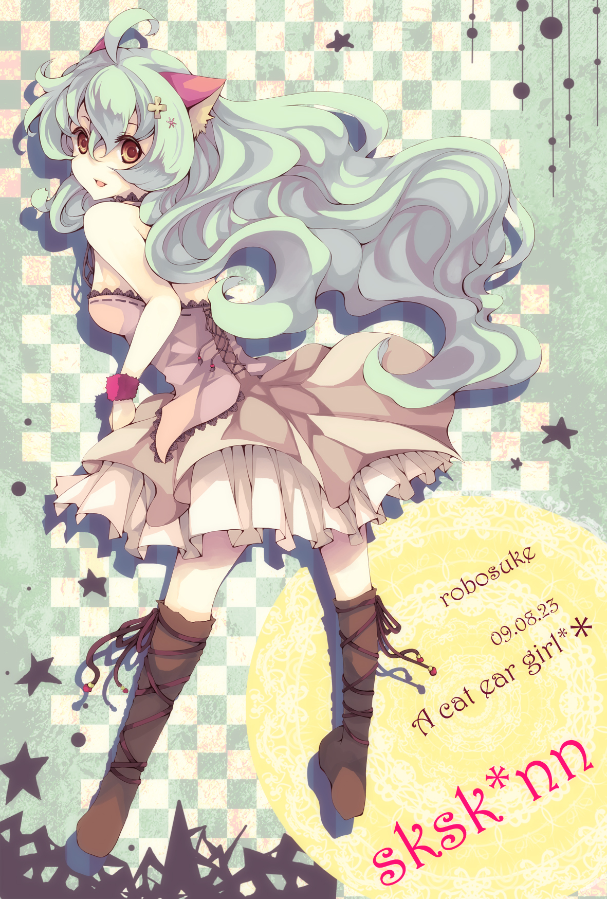 robosuke, highres, 1girl, animal ears, bare shoulders, brown eyes, cat ears, dress, female focus, green hair, long hair, looking back, solo