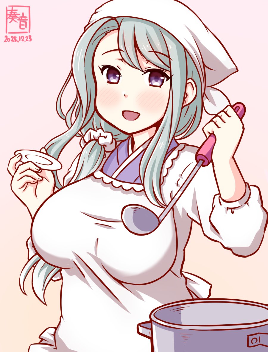 kanon (kurogane knights), sagiri (kancolle), kantai collection, commentary request, 1girl, alternate costume, apron, artist logo, bandana, breasts, cooking pot, dated, hair ornament, hair over shoulder, hair scrunchie, holding, holding saucer, japanese clothes, kappougi, kimono, ladle, logo, long sleeves, looking at viewer, medium breasts, pink background, purple eyes, purple kimono, saucer, scrunchie, smile, solo, white bandana