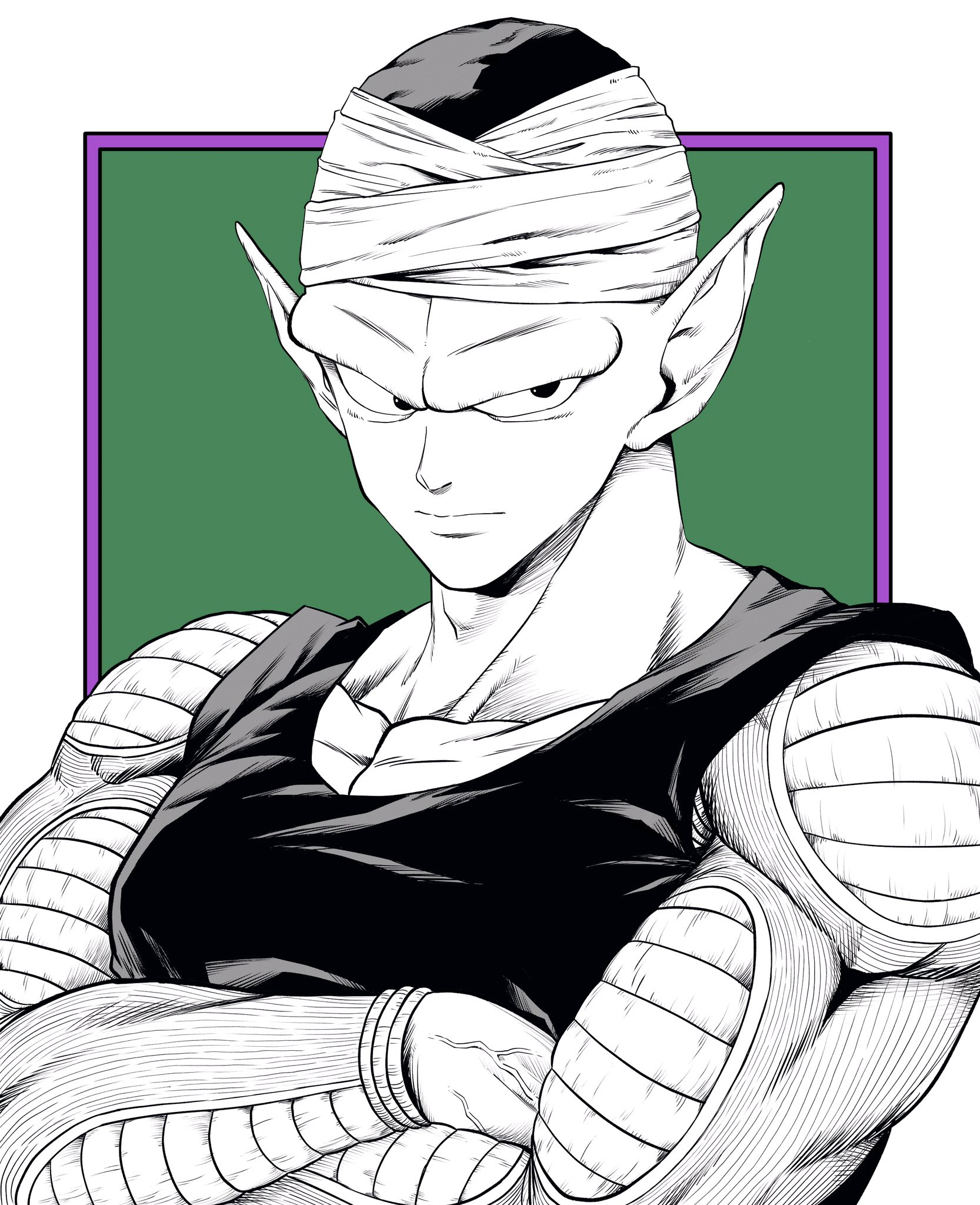 lee (dragon garou), piccolo, dragon ball, dragon ball (classic), commentary, highres, 1boy, crossed arms, furrowed brow, green background, greyscale with colored background, hat, male focus, muscular, muscular male, pointy ears, solo, tank top, veins, veiny hands