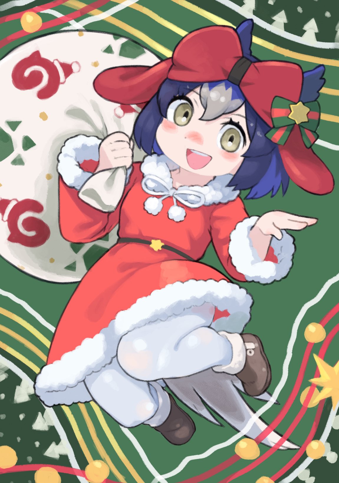 rinx, green pheasant (kemono friends), kemono friends, commentary request, highres, 1girl, alternate costume, bird girl, bird tail, bird wings, blue hair, blush, boots, bow, bowtie, brown boots, christmas, dress, fur collar, fur trim, green eyes, grey hair, hair between eyes, head wings, japari symbol, long sleeves, multicolored hair, open mouth, pantyhose, red dress, red hair, santa costume, santa dress, short hair, sidelocks, smile, solo, tail, white bow, white bowtie, white fur, white pantyhose, wings