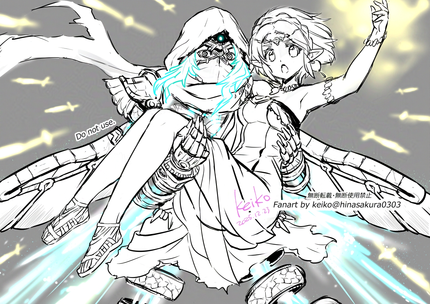 kusanagi keiko, mysterious construct, princess zelda, hyrule warriors, nintendo, the legend of zelda, commentary request, 1boy, 1girl, armlet, armpits, artist name, bracelet, braid, breasts, carrying, circle, crown braid, dated, dress, grey background, hood, hood up, jewelry, long dress, magatama, magatama necklace, mask, medium breasts, mouth mask, necklace, open-toe shoes, open mouth, parted bangs, pointy ears, princess carry, short hair, sidelocks, strapless, strapless dress