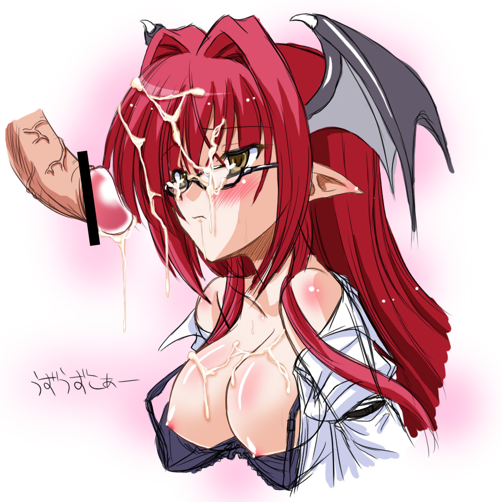 yamu (reverse noise), koakuma, embodiment of scarlet devil, touhou, translation request, 1girl, bar censor, bespectacled, bukkake, censored, cum, cum on body, cum on eyewear, disembodied penis, facial, glasses, head wings, long hair, penis, pointy ears, purple hair, red hair, solo, solo focus, wings