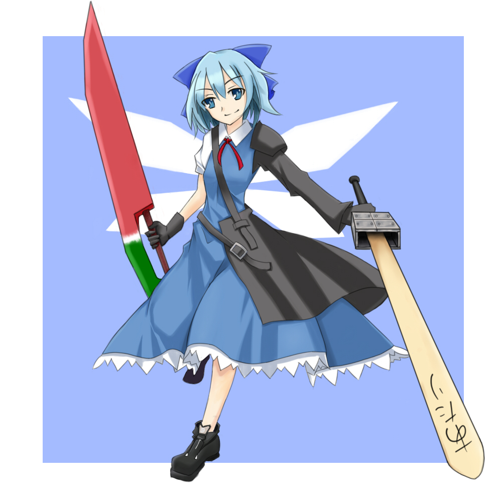 dcfactory wwe, shikikakeru tei, cirno, advent cirno, touhou, bad id, bad pixiv id, 1girl, blouse, blue background, blue eyes, blue hair, collared shirt, female focus, hair between eyes, head tilt, matching hair/eyes, shirt, short hair, solo, sword, weapon, white shirt, wings