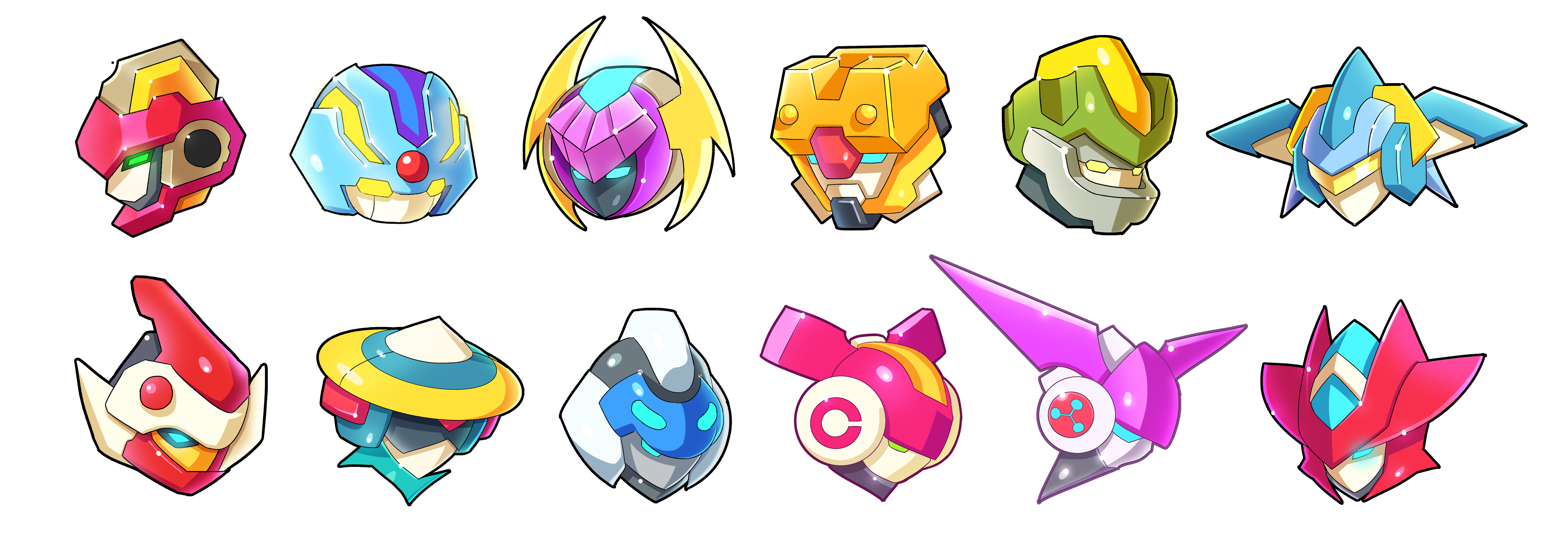 ultimatemaverickx, aviator (mighty no. 9), battalion (mighty no. 9), beck (mighty no. 9), brandish (mighty no. 9), call (mighty no. 9), countershade (mighty no. 9), cryosphere, dynatron (mighty no. 9), pyrogen (mighty no. 9), ray (mighty no. 9), seismic (mighty no. 9), trinity (mighty no. 9), mega man (series), mega man zx, mighty no. 9, absurdres, highres, non-web source, biometal, everyone, no humans, simple background, white background