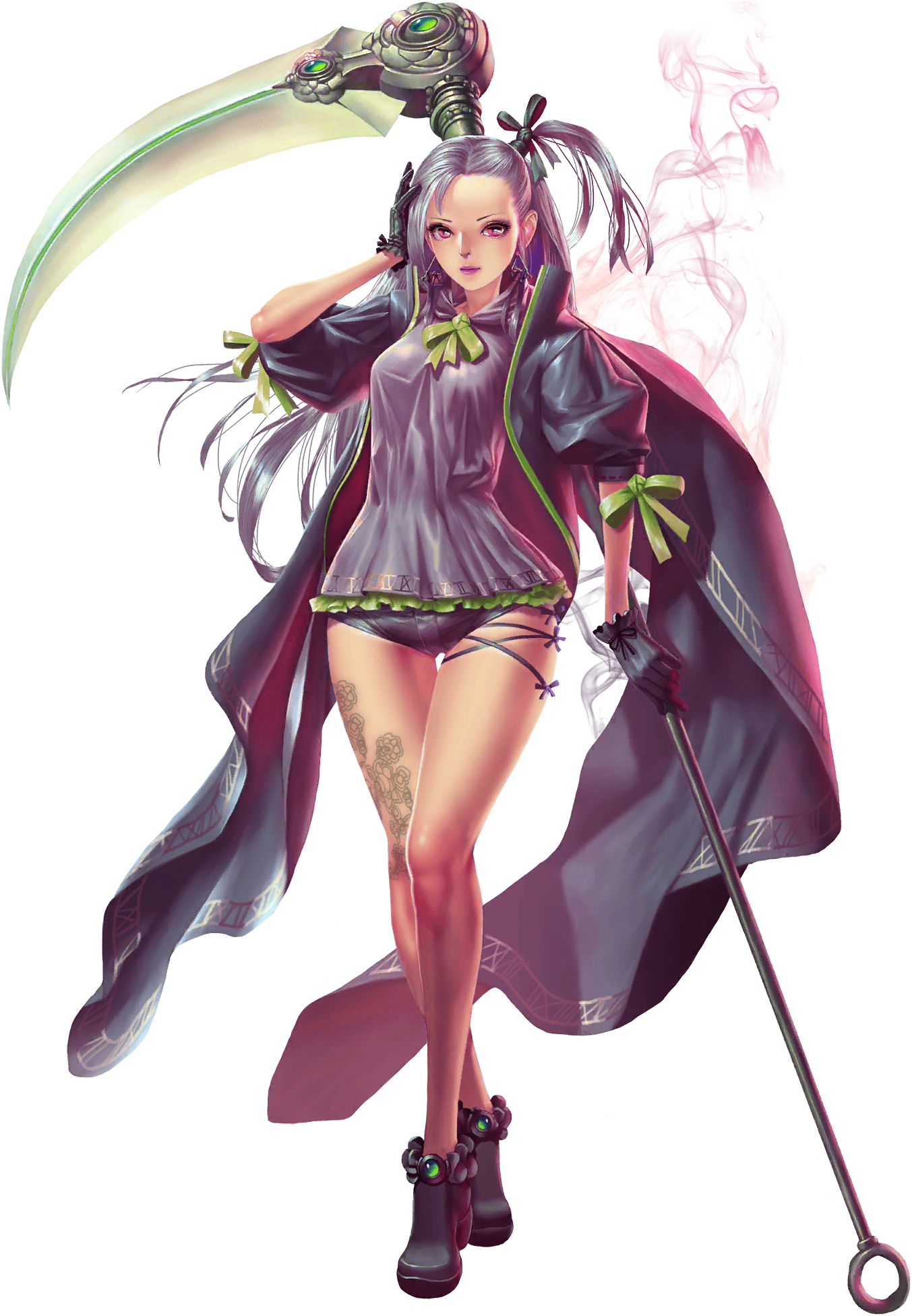 crystal maiden (series), artist request, bad source, game cg, highres, official art, third-party source, variant set, 1girl, anabelle (crystal maidens), bare legs, black gloves, breasts, cape, flower tattoo, forehead, full body, gloves, green ribbon, grey hair, hand on own head, holding, holding scythe, leg tattoo, long hair, pink eyes, purple lips, ribbon, scythe, side ponytail, solo, tattoo, transparent background