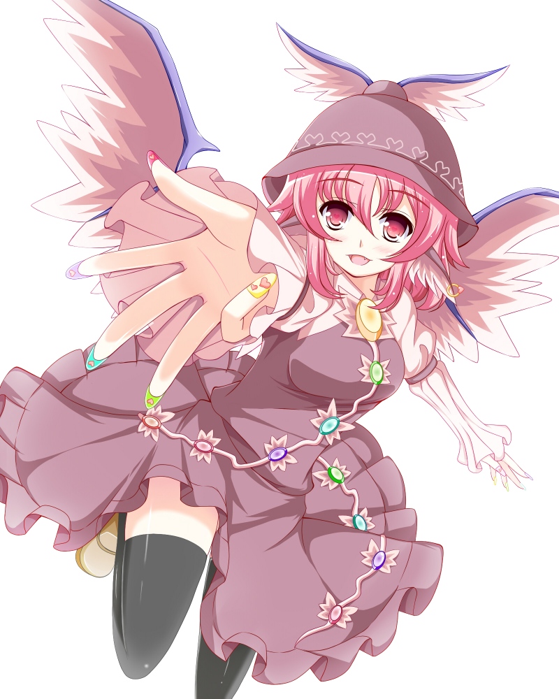 rin (ateria), mystia lorelei, touhou, bad id, bad pixiv id, 1girl, animal ears, female focus, hat, multicolored nails, nail art, nail polish, pink hair, short hair, solo, thighhighs, wings