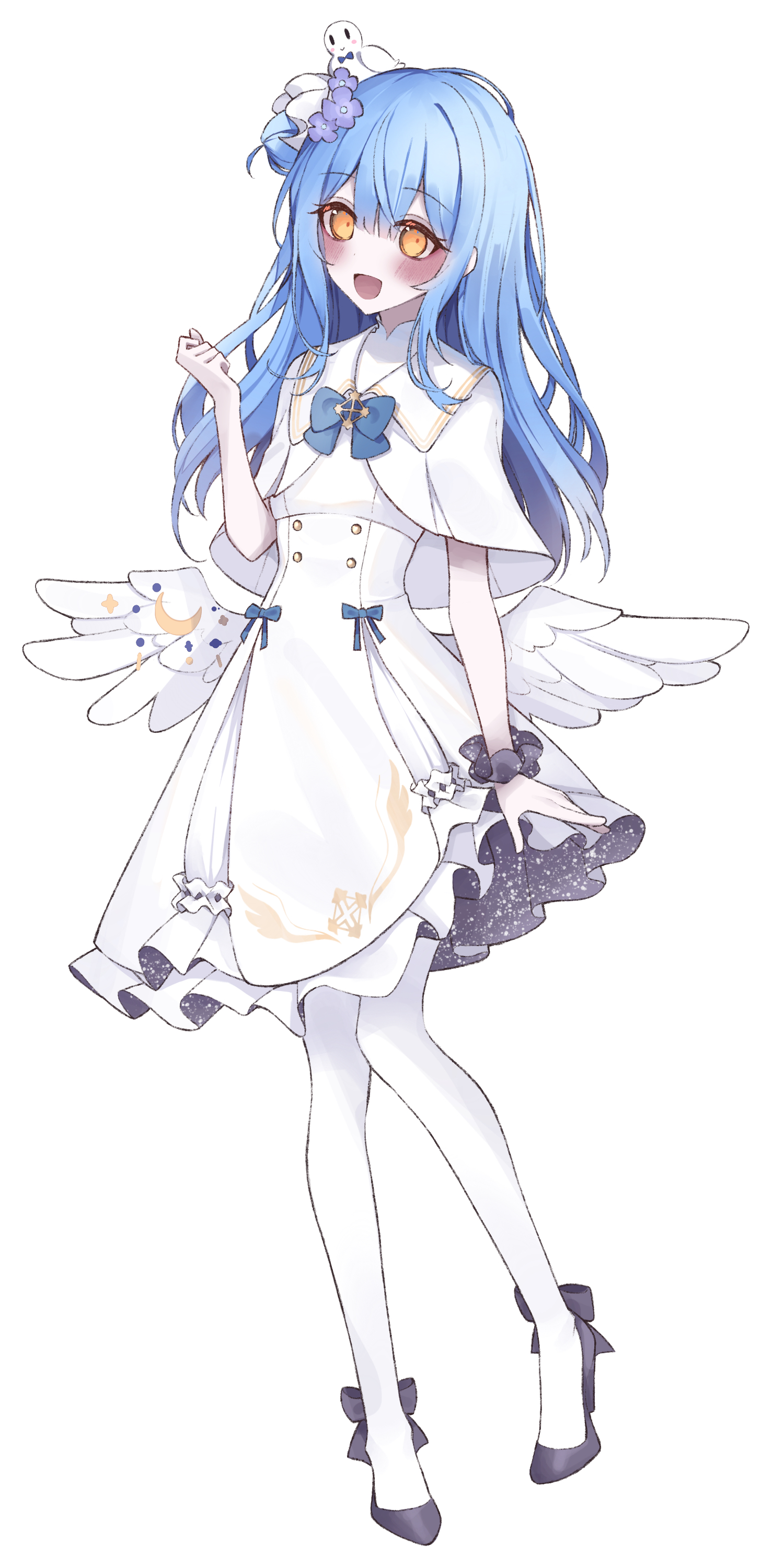 mika (blue archive), tachibana sherry, blue archive, mahou shoujo no majo saiban, absurdres, commentary request, highres, 1girl, :d, black shoes, blue hair, capelet, cosplay, crescent, dress, feathered wings, flower, full body, hair bun, hair flower, hair ornament, high heels, long hair, looking at viewer, low wings, mika (blue archive) (cosplay), milmyo, open mouth, pantyhose, scrunchie, shoes, simple background, single side bun, smile, solo, standing, white background, white capelet, white dress, white pantyhose, white wings, wings, wrist scrunchie, yellow eyes