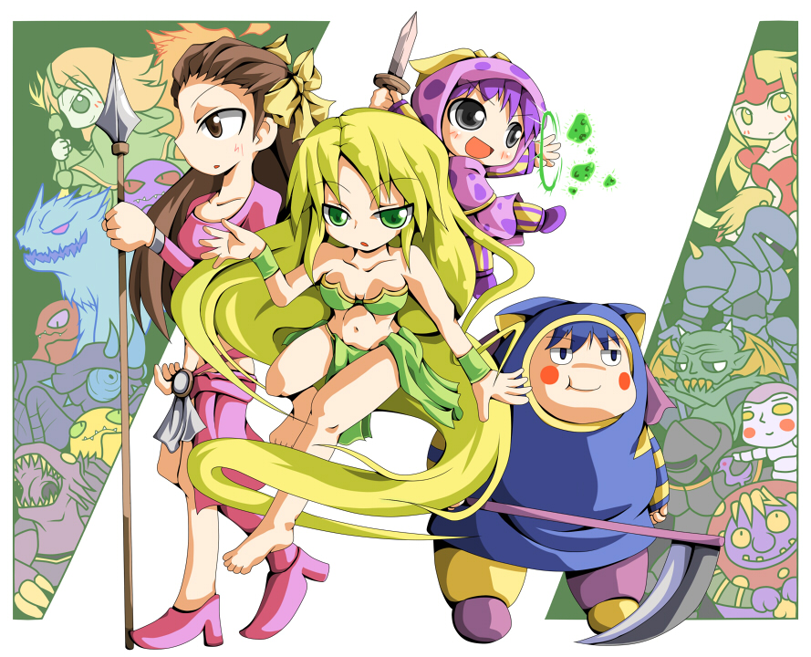 caraduki, sandy, barbariccia, cindy, magus sisters, mindy, final fantasy, final fantasy iv, 1990s (style), bikini, blonde hair, blue hair, brown hair, green eyes, grey eyes, knife, long hair, monster, polearm, purple hair, ribbon, scythe, short hair, spear, swimsuit, very long hair, weapon