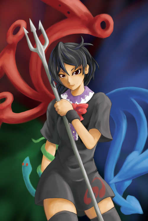 imamoo, houjuu nue, touhou, bad id, bad pixiv id, 1girl, black hair, dress, female focus, polearm, red eyes, short hair, snake, solo, spear, thighhighs, trident, weapon, wings, zettai ryouiki
