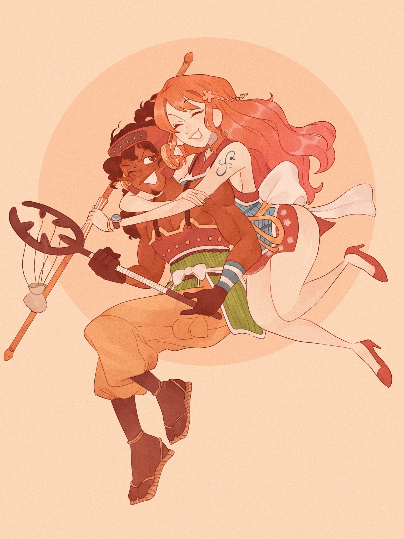 nami (one piece), usopp, one piece, 1boy, 1girl, black hair, breast press, breasts, grin, high heels, hug, legs, long hair, long nose, looking at another, orange hair, pelvic curtain, shiny skin, smile, staff (weapon), tattoo