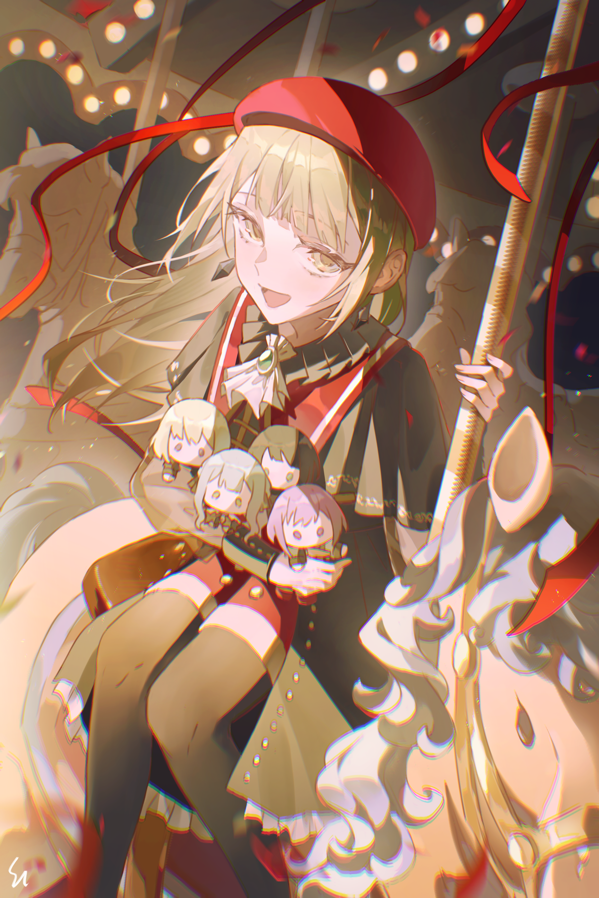 sedith cd, amoris (bang dream!), doloris (bang dream!), misumi uika, mortis (bang dream!), mortis (costume) (bang dream!), oblivionis (bang dream!), timoris (bang dream!), togawa sakiko, wakaba mutsumi, yahata umiri, yuutenji nyamu, ave mujica (bang dream!), bang dream!, bang dream! it's mygo!!!!!, absurdres, commentary, highres, symbol-only commentary, 1girl, ascot, beret, black capelet, black pantyhose, black skirt, capelet, carousel, character doll, doll, green hair, hat, long hair, long sleeves, open mouth, pantyhose, pantyhose under shorts, red hat, red ribbon, ribbon, shorts, sitting, skirt, white ascot, yellow eyes