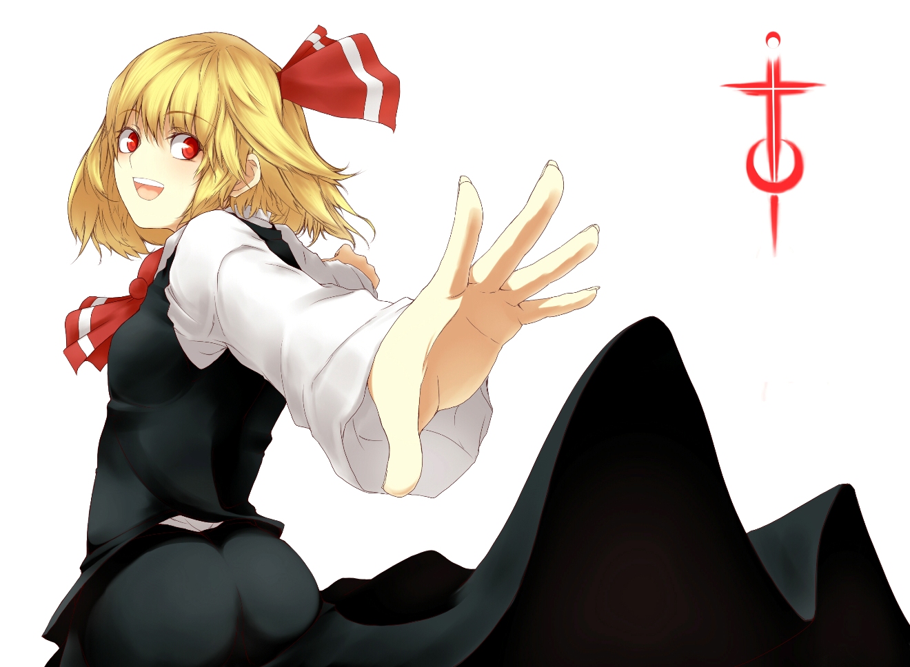 zeshiki, rumia, embodiment of scarlet devil, touhou, bad id, bad pixiv id, 1girl, blonde hair, female focus, foreshortening, hair ornament, red eyes, short hair, simple background, solo, white background