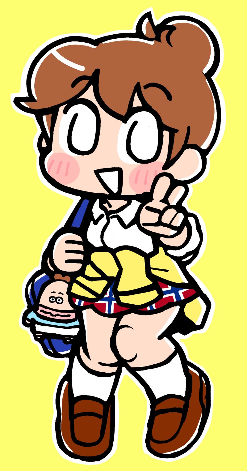 bkub, character request, copyright request, highres, 1girl, :d, bag, blush stickers, brown hair, brown shoes, clothes around waist, collared shirt, double-parted bangs, full body, hand up, kneehighs, long sleeves, looking at viewer, open mouth, outline, red skirt, school bag, school uniform, shirt, shoes, short hair, simple background, skirt, smile, socks, solo, standing, white eyes, white mouth, white outline, white shirt, white socks, yellow background
