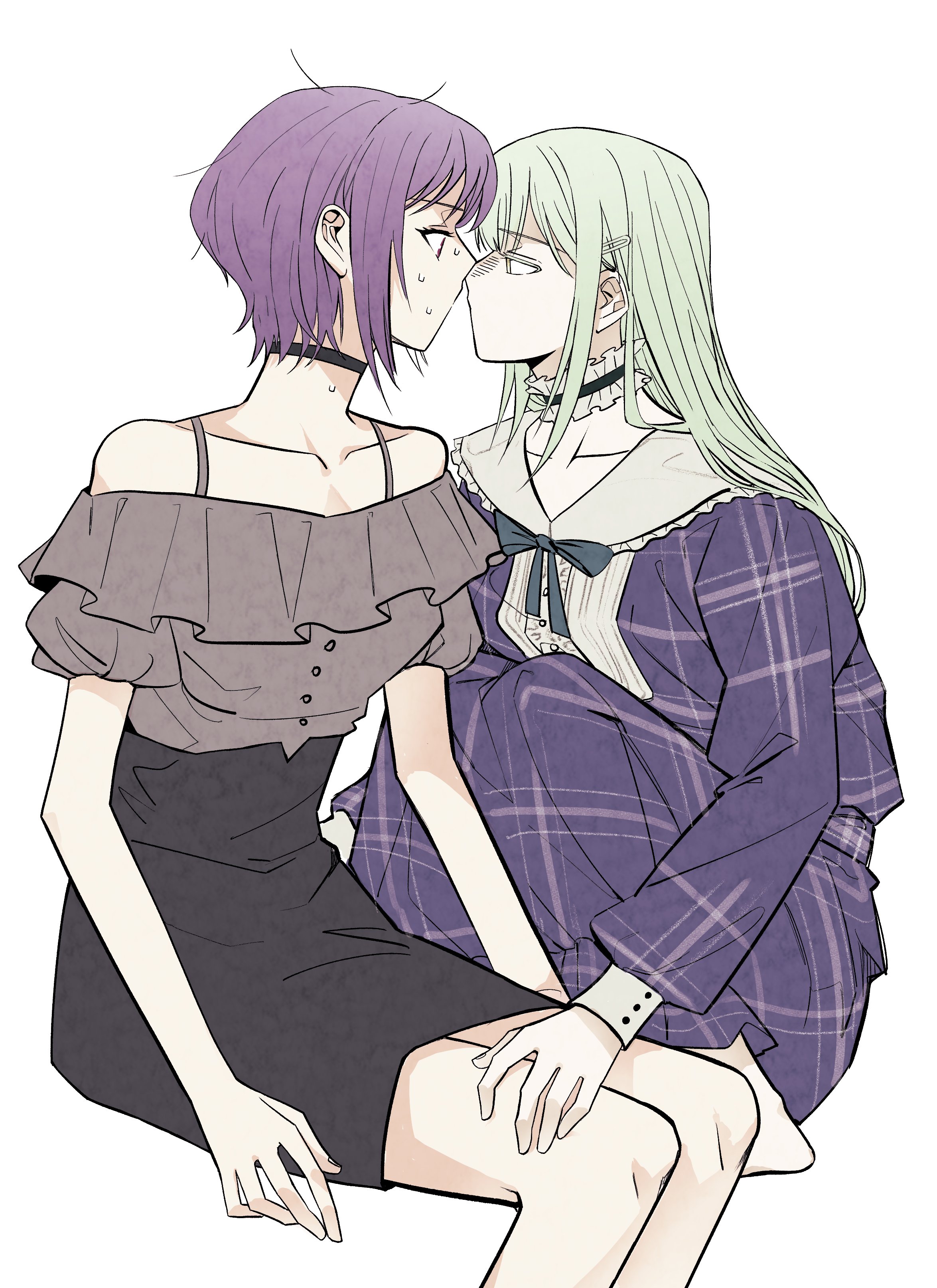 wakaba mutsumi, yuutenji nyamu, bang dream!, bang dream! it's mygo!!!!!, absurdres, commentary request, highres, korean commentary, 2girls, black choker, black skirt, blue dress, choker, dress, frilled choker, frilled shirt, frills, green hair, grey shirt, hair ornament, hairclip, imminent kiss, kimboogakk77, long hair, long sleeves, multiple girls, nervous sweating, off-shoulder shirt, off shoulder, purple hair, shirt, short hair, skirt, sweat, yuri