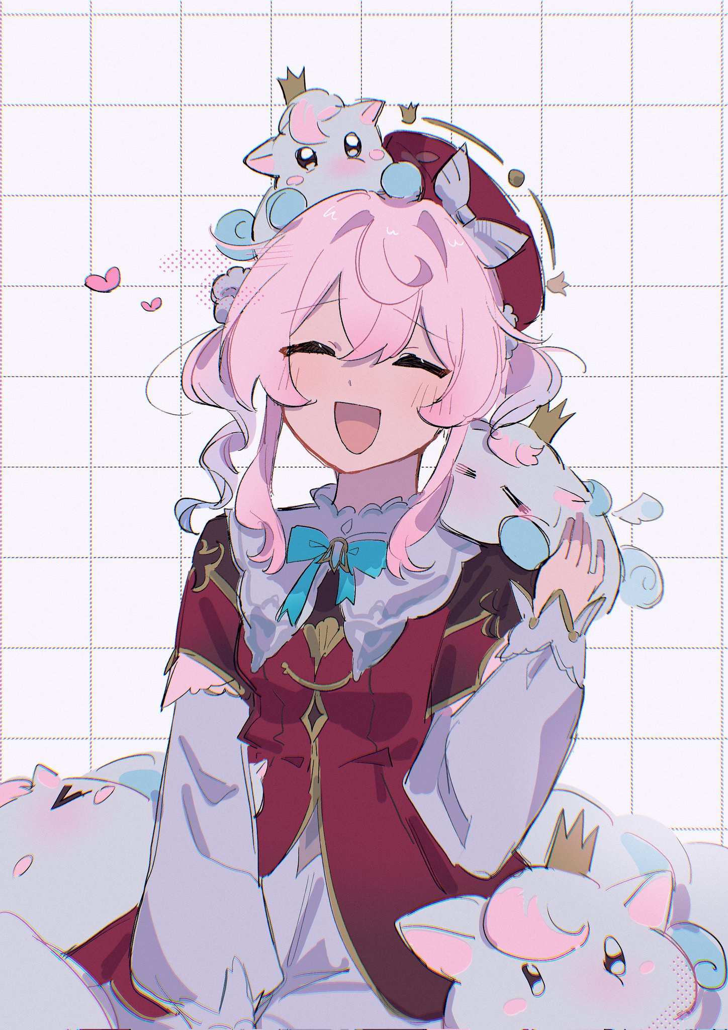 hyacine (honkai: star rail), little ica (honkai: star rail), honkai: star rail, honkai (series), hashtag-only commentary, highres, 1girl, aqua hair, beret, breasts, closed eyes, daitiki 0000, dress, drill hair, hair between eyes, hand up, hat, heart, long hair, long sleeves, multicolored hair, open mouth, pantyhose, pink hair, puffy long sleeves, puffy sleeves, red dress, red hat, smile, solo, twin drills, two-tone hair, upper body, white background, white pantyhose, white sleeves