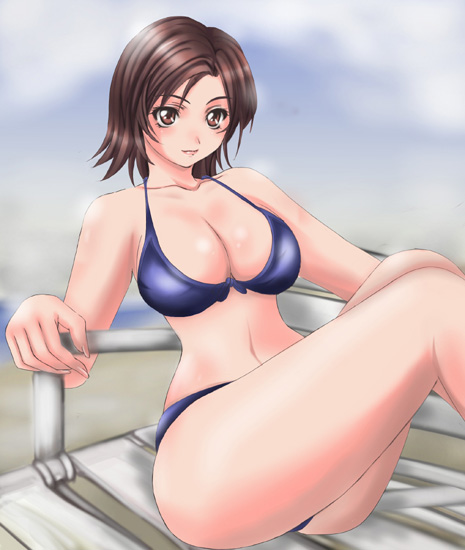 kazama asuka, namco, tekken, 1girl, bikini, breasts, brown eyes, brown hair, female focus, hip focus, large breasts, outdoors, short hair, sky, solo, swimsuit, wide hips