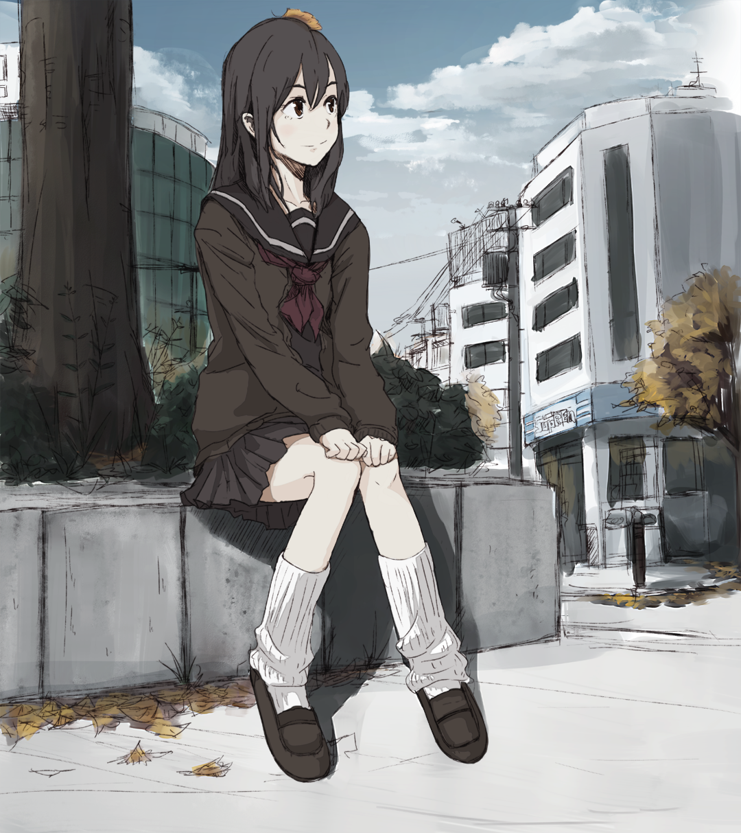 yammy (artist), yammy (cellblo), original, highres, 1girl, autumn, black hair, brown eyes, city, female focus, hands on own knees, knees together feet apart, leaf, leaf on head, long hair, loose socks, object on head, outdoors, school uniform, serafuku, sitting, sketch, skirt, smile, socks, solo, tree, under tree, white socks