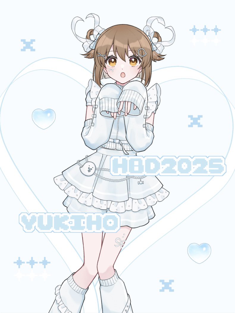 ktmtry, hagiwara yukiho, idolmaster, idolmaster (classic), commentary request, 1girl, 2025, :o, blue bow, blue shirt, blue skirt, blue sleeves, bow, brown eyes, brown hair, character name, detached sleeves, dot nose, frilled skirt, frills, hair between eyes, hair bow, hair ribbon, hair rings, hands up, happy birthday, heart, knees together feet apart, leg warmers, medium hair, midriff peek, ribbon, see-through ribbon, shirt, short sleeves, skirt, sleeves past wrists, solo, standing, sticker, sticker on face, straight-on, straight hair