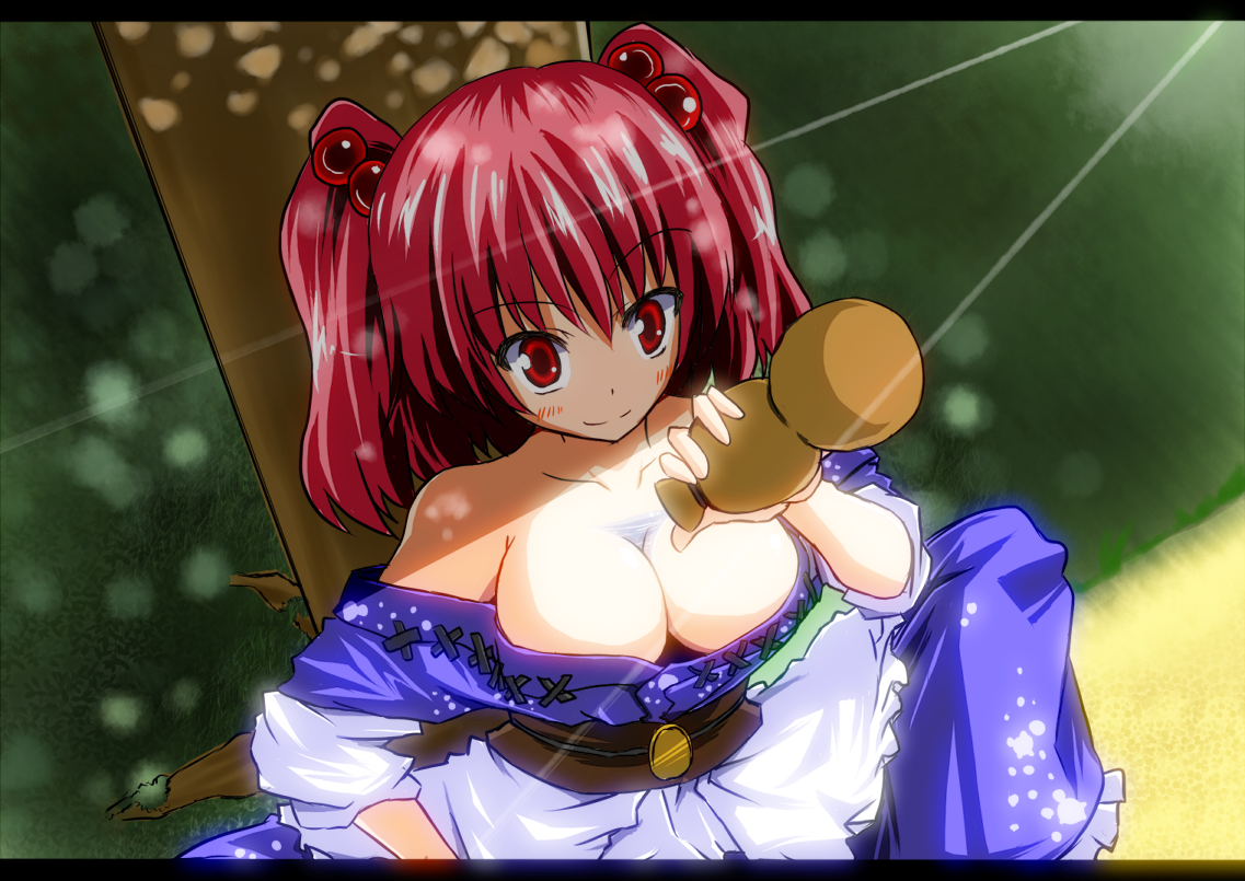 wata, onozuka komachi, touhou, bad id, bad pixiv id, 1girl, alcohol, between breasts, breasts, bust cup, cleavage, female focus, hair bobbles, hair ornament, large breasts, nature, outdoors, red eyes, red hair, sake, short hair, solo, twintails, two side up