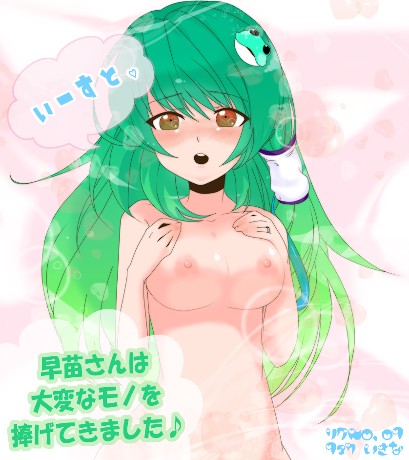 kitakaze higashikaze, kochiya sanae, touhou, 1girl, blush, breasts, female focus, frog, green hair, hair ornament, long hair, nipples, nude, snake, solo, yellow eyes