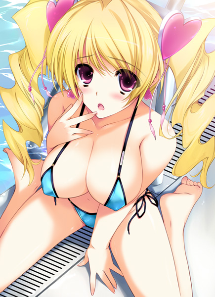 iizuki tasuku, cure peach, momozono love, fresh precure!, precure, 00s, 1girl, aqua bikini, bikini, blonde hair, blush, breasts, cleavage, covered erect nipples, female focus, hair ornament, heart, heart hair ornament, magical girl, o-ring, o-ring top, open mouth, pool, shirt, side-tie bikini bottom, sitting, solo, swimsuit, t-shirt, twintails, wariza