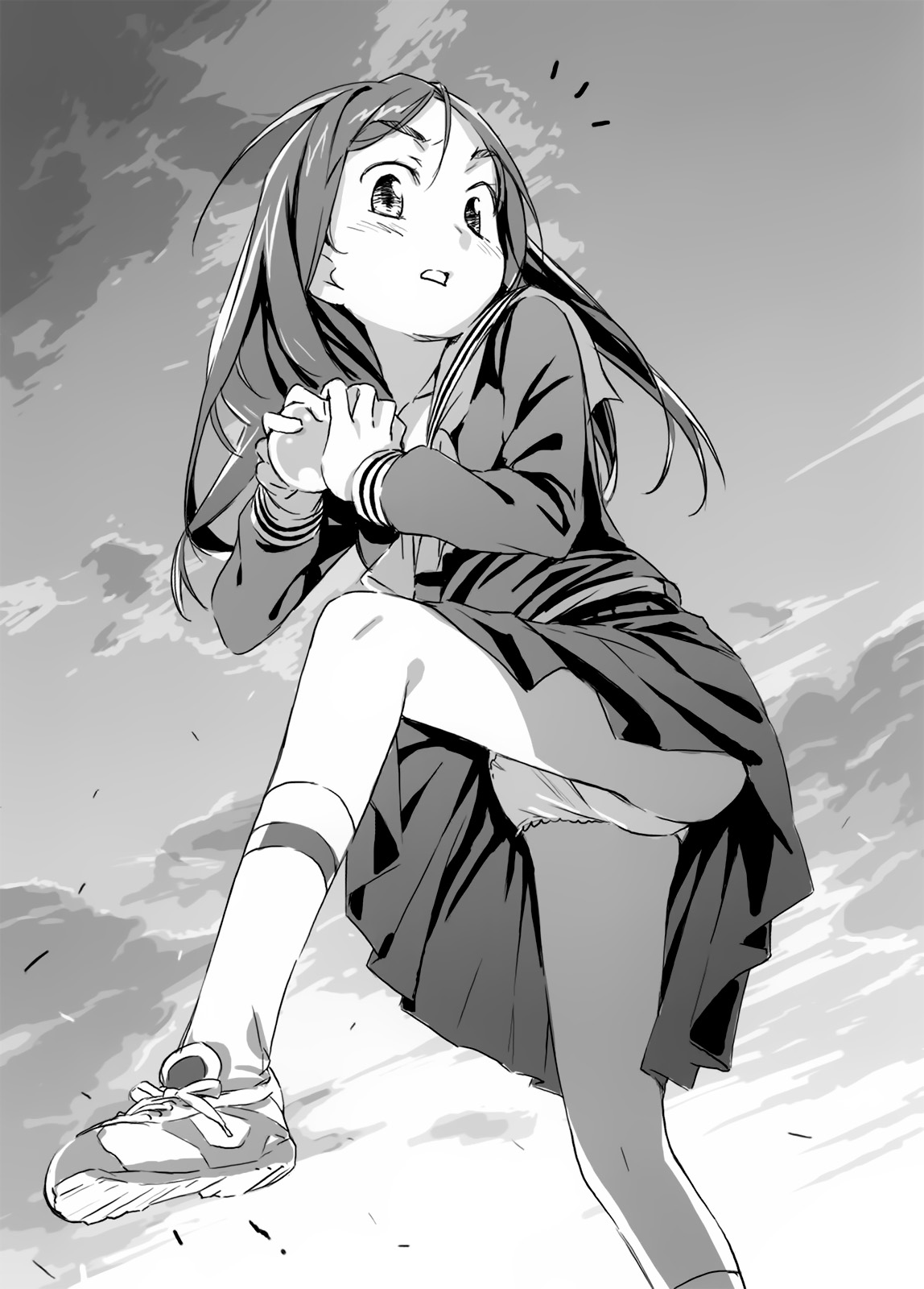 haimura kiyotaka, fukiyose seiri, toaru majutsu no index, toaru majutsu no index: old testament, highres, novel illustration, official art, 1girl, ball, blush, female focus, holding, holding ball, long hair, long sleeves, medium skirt, monochrome, neckerchief, open mouth, outdoors, panties, pantyshot, pleated skirt, sailor collar, school uniform, serafuku, sexually suggestive, shoes, skirt, socks, solo, solo focus, underwear, upskirt