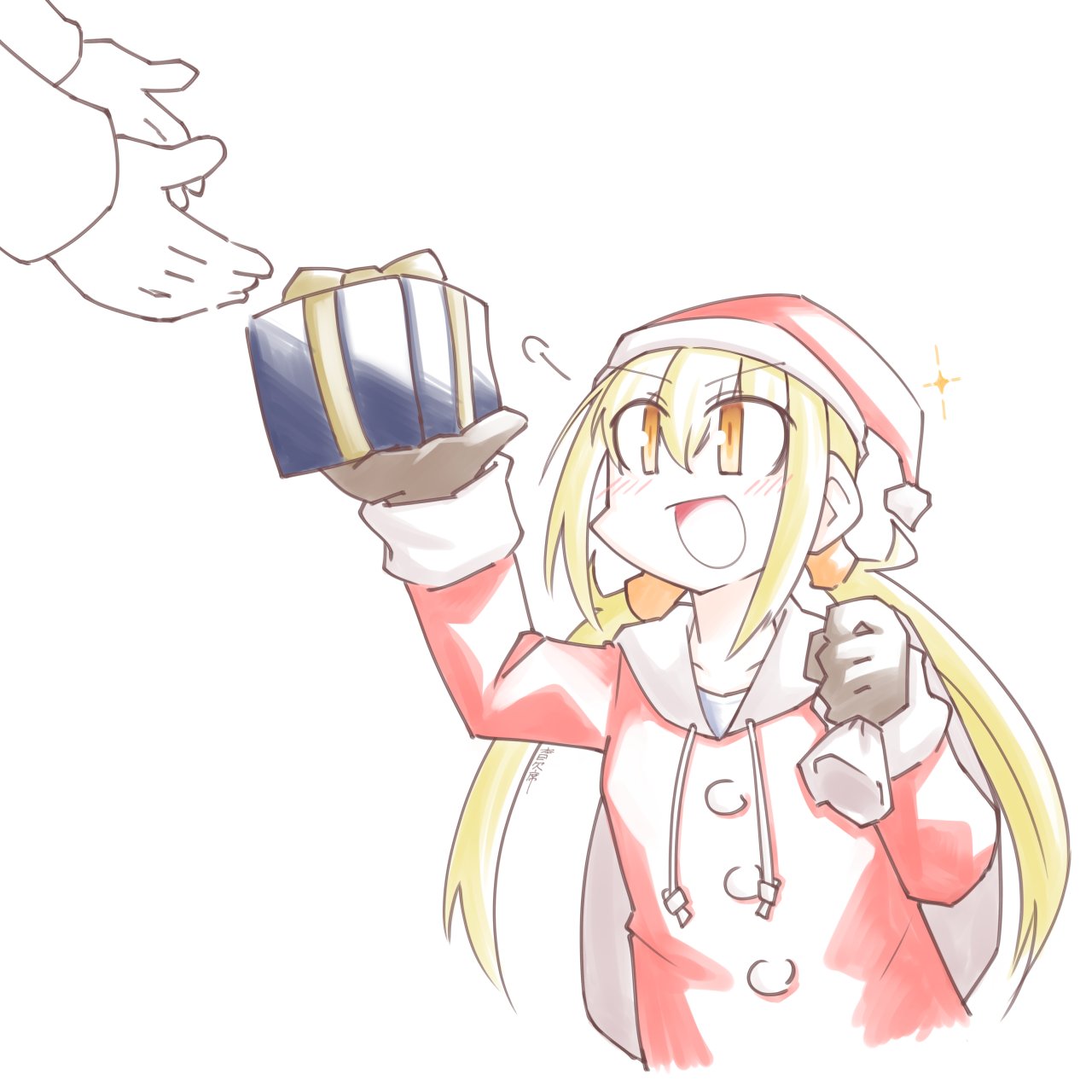 honketsu, admiral (kancolle), satsuki (kancolle), kantai collection, commentary request, highres, 1boy, 1girl, blonde hair, box, gift, gift box, hat, low twintails, one-hour drawing challenge, red hat, red shirt, sailor collar, santa costume, santa hat, shirt, simple background, smile, twintails, upper body, white background, white sailor collar, yellow eyes