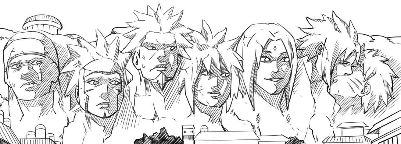 mr study, namikaze minato, sarutobi hiruzen, senju hashirama, senju tobirama, tsunade (naruto), uchiha sasuke, uzumaki naruto, naruto (series), naruto shippuuden, commentary request, 1girl, 6+boys, building, cliff, facial hair, facial mark, forehead, forehead mark, goatee, greyscale, headgear, hokage rock, kiss, monochrome, multiple boys, sculpture, sweatdrop, whisker markings, yaoi