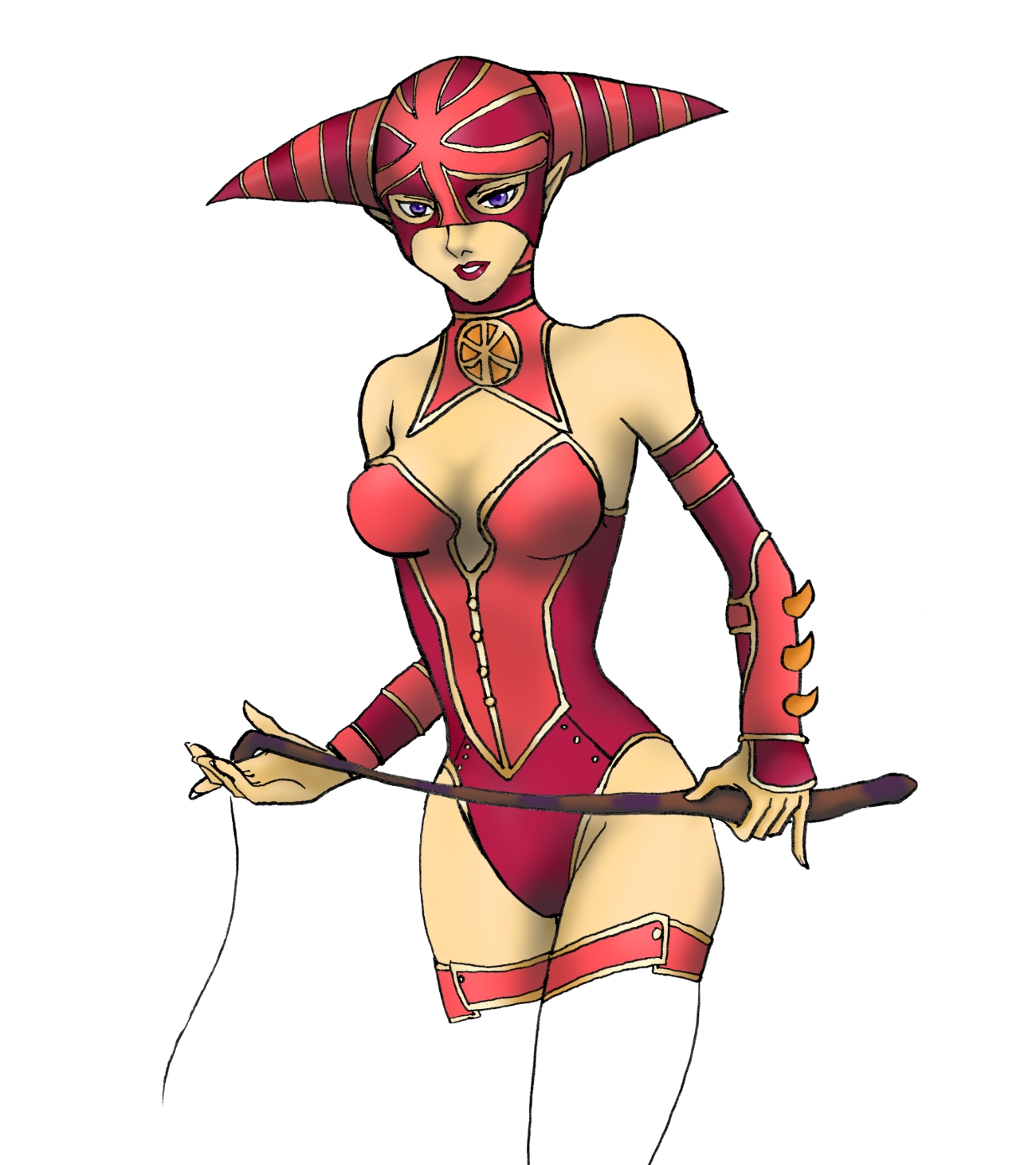 hirasixyainn, capcom, god hand, highres, 1girl, blue eyes, breasts, conchita (god hand), detached sleeves, female focus, leotard, lipstick, makeup, pointy ears, purple eyes, simple background, solo, whip, white background