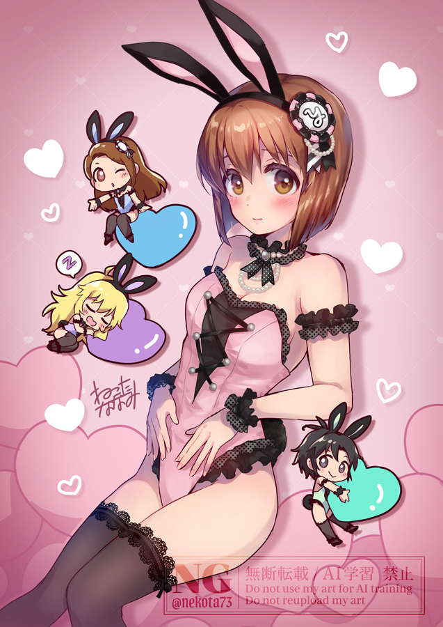 nekota nanami, hagiwara yukiho, hoshii miki, kikuchi makoto, minase iori, idolmaster, idolmaster (classic), commentary request, 4girls, ahoge, animal ears, arm at side, arm garter, bare shoulders, black hair, black thighhighs, black wrist cuffs, blonde hair, blowing kiss, blue leotard, blush, breasts, bright pupils, brown eyes, brown hair, chibi, choker, cleavage, closed eyes, copyright notice, dot nose, english text, fake animal ears, forehead, frilled choker, frilled garter, frilled leotard, frills, full body, green leotard, grey eyes, hair between eyes, heart, holding, initial, jewelry, knees together feet apart, lace, lace-trimmed thighhighs, lace trim, leotard, long hair, looking at viewer, lying, medium breasts, medium hair, multiple girls, necklace, no sclera, on side, one eye closed, open mouth, outstretched arm, pearl necklace, pink background, pink leotard, polka dot, polka dot wrist cuffs, purple leotard, rabbit ears, red eyes, short hair, sitting, sleeping, speech bubble, straight hair, thighhighs, watermark, white pupils, wrist cuffs, zzz