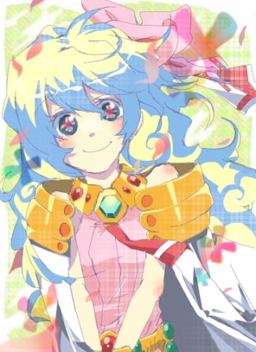 nia teppelin, tengen toppa gurren lagann, bad id, bad pixiv id, lowres, + +, 00s, 1girl, cross-shaped pupils, dress, female focus, hair ornament, long hair, multicolored hair, pink dress, solo, symbol-shaped pupils, two-tone hair