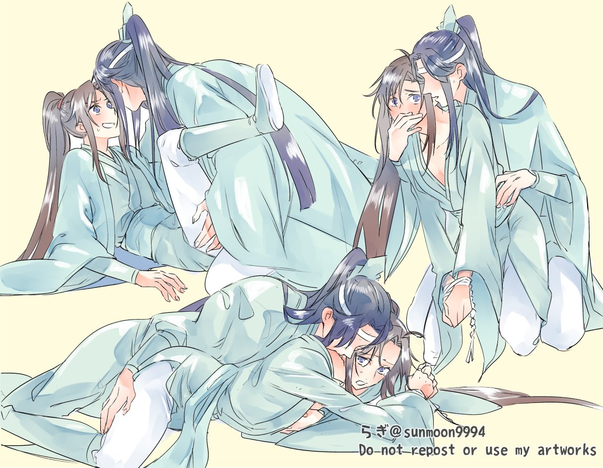lan wangji, wei wuxian, modao zushi, commentary request, 2boys, ahoge, alternate costume, aqua boots, aqua hanfu, bdsm, black hair, blue eyes, blush, boots, bound, bound wrists, brown hair, chinese clothes, couple, covering another's mouth, groping, hand on another's chest, hand on another's face, hand on another's thigh, hand under clothes, hanfu, headband, implied sex, kissing shoulder, long hair, long sleeves, looking at another, lying, male focus, multiple boys, multiple views, on back, on stomach, open mouth, pants, ponytail, robe, sidelocks, simple background, sitting, spread legs, sunmoon9994, sweat, tears, twitter username, very long hair, white headband, white pants, wide sleeves, xiao guan (headdress), yaoi, yellow background