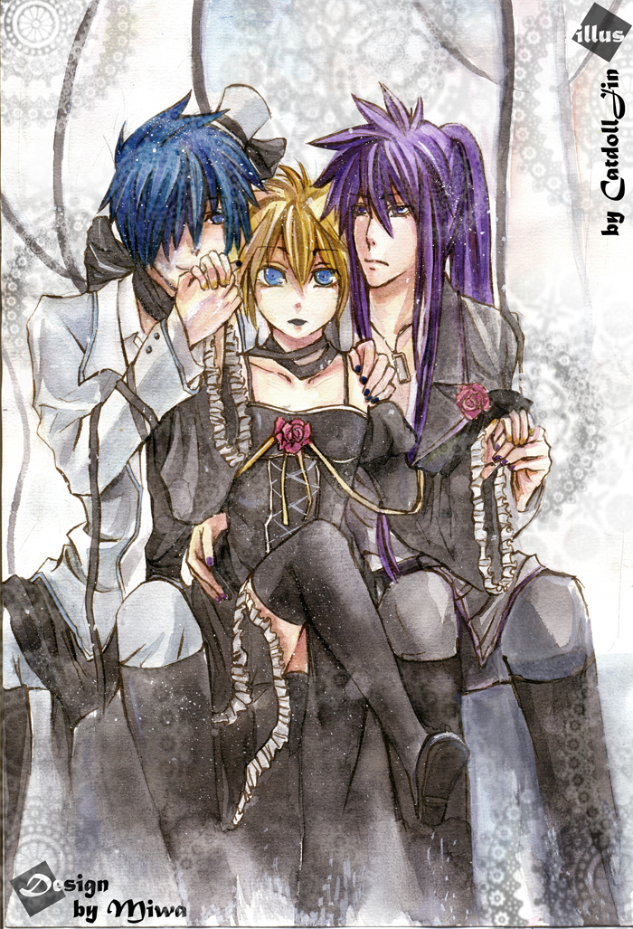 jiman, kagamine len, kaito (vocaloid), kamui gakupo, imitation black (vocaloid), vocaloid, bad deviantart id, bad id, 3boys, black dress, blonde hair, blue eyes, blue hair, crossdressing, crossdressing (mtf), dress, flower, male focus, multiple boys, purple hair, thighhighs, trap
