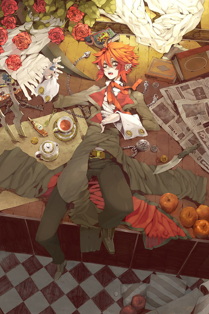 kukicha, original, 1boy, apple, belt, book, coat, coin, cup, earrings, flower, food, formal clothes, fruit, hair between eyes, jewelry, key, knife, lying, male focus, necktie, newspaper, pocket watch, pointy ears, red hair, ring, rose, short hair, solo, tea, teacup, teapot, trench coat, watch, weapon