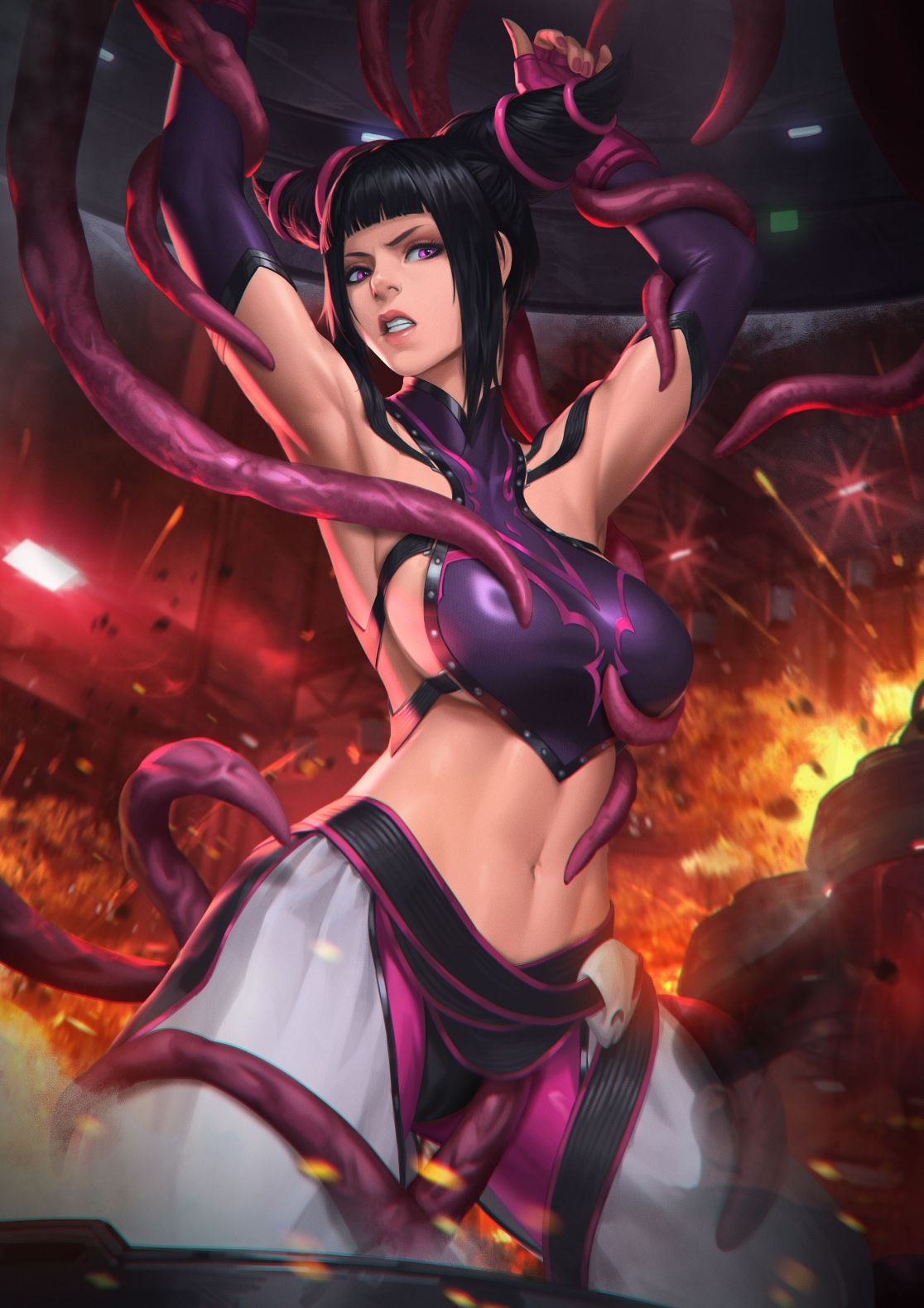 sunkeytail, han juri, street fighter, street fighter iv (series), commentary, commission, english commentary, highres, second-party source, black hair, breasts, clenched teeth, crop top, fire, hair horns, large breasts, leggings, panties over leggings, pants, pink eyes, pink leggings, purple shirt, restrained, shirt, teeth, tentacles, white pants