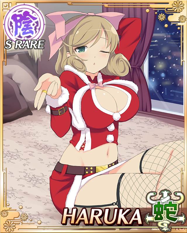 haruka (senran kagura), senran kagura, senran kagura new wave, game cg, official art, third-party source, 1girl, ;o, arm behind head, blowing kiss, border, bow, breasts, brown hair, capelet, card (medium), character name, christmas, cleavage, cleavage cutout, clothing cutout, crossed legs, curled ends, dress, fishnet thighhighs, fishnets, fur-trimmed capelet, fur-trimmed skirt, fur trim, garter straps, green eyes, groin, hair bow, indoors, large breasts, long hair, looking at viewer, midriff, navel, night, on bed, one eye closed, pencil skirt, pink bow, puckered lips, red capelet, red skirt, santa costume, santa dress, sitting, skirt, snowing, solo, swept bangs, thighhighs, window