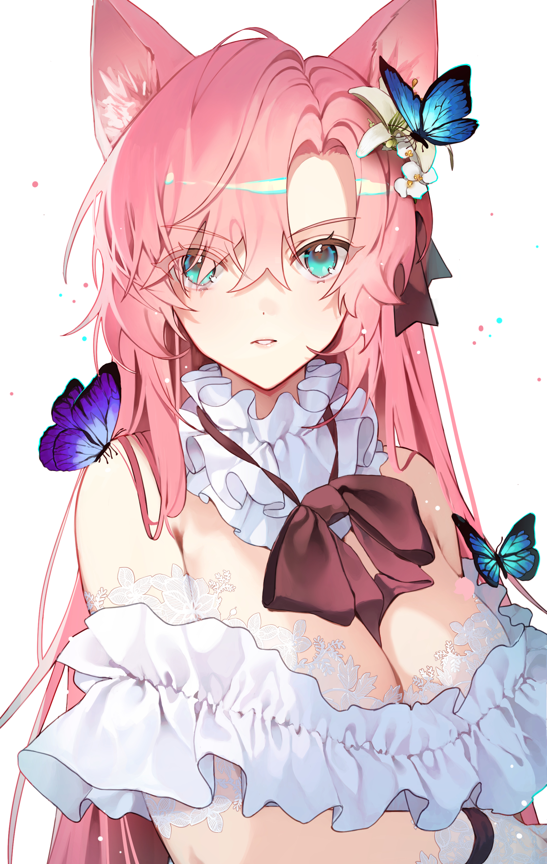 shotgunman, original, absurdres, highres, 1girl, animal ear fluff, animal ears, blue eyes, bow, breasts, bug, butterfly, insect, large bow, large breasts, looking at viewer, maina arsenia (shotgunman), open mouth, pink hair, simple background, white background, wolf ears, wolf girl