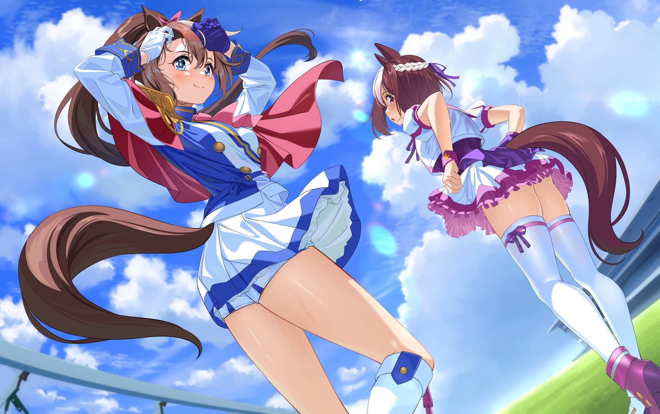 nyanmaru, special week (special dreamer) (umamusume), special week (umamusume), tokai teio (peak joy) (umamusume), tokai teio (umamusume), umamusume, commentary request, highres, animal ears, ascot, asymmetrical footwear, asymmetrical gloves, blue eyes, blue sky, boots, braid, brown hair, cape, day, dutch angle, epaulettes, frilled skirt, frills, gloves, half up braid, horse ears, horse girl, horse tail, jacket, knee boots, long hair, long sleeves, miniskirt, mismatched footwear, mismatched gloves, multicolored hair, multicolored jacket, outdoors, pink ascot, ponytail, puffy short sleeves, puffy sleeves, red cape, short hair, short sleeves, single epaulette, skindentation, skirt, sky, streaked hair, sweat, tail, thighhighs, thighs, two-tone hair, two-tone jacket, two-tone skirt, white gloves, white hair, white jacket, white thighhighs