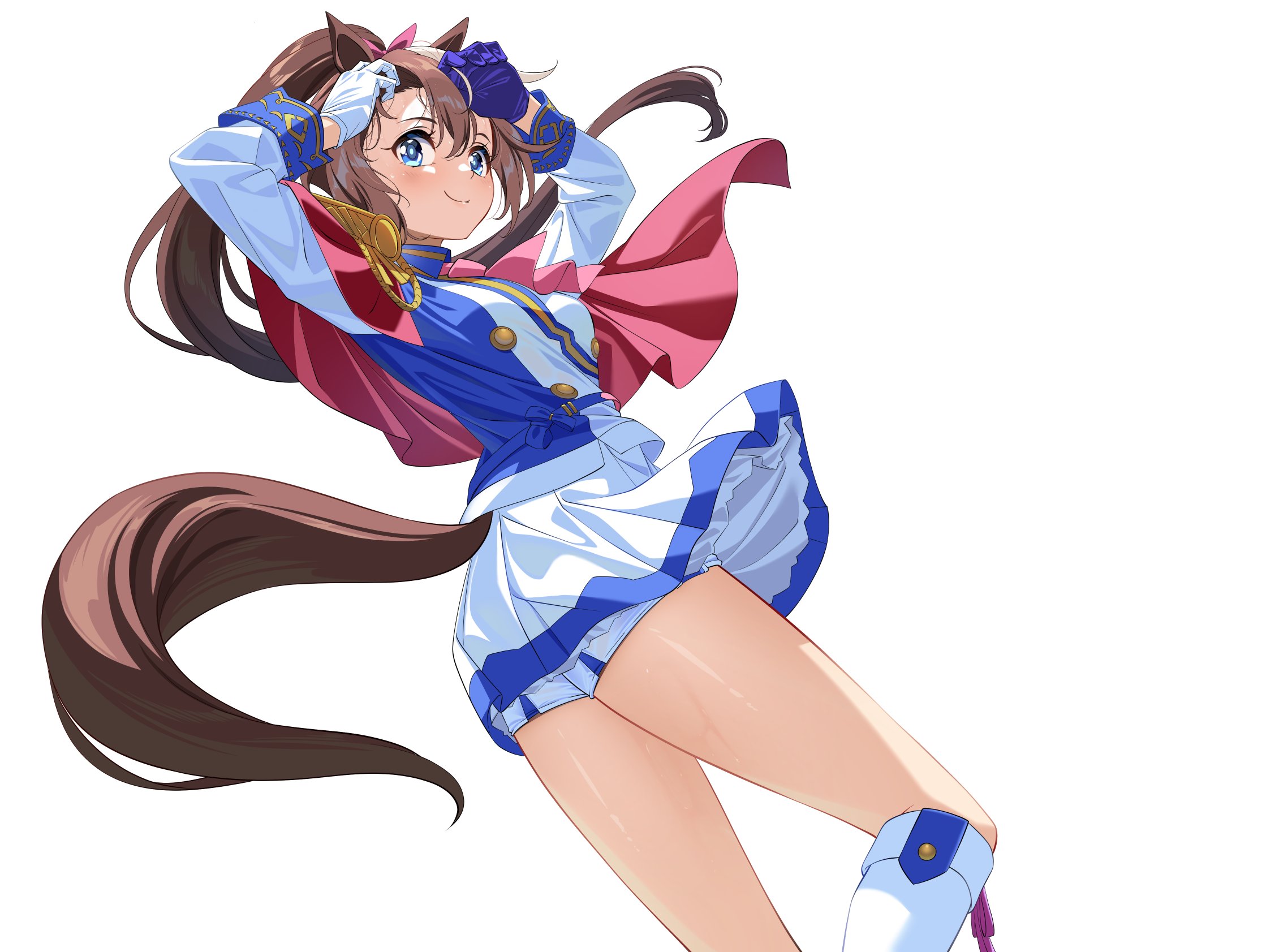nyanmaru, tokai teio (peak joy) (umamusume), tokai teio (umamusume), umamusume, commentary request, highres, 1girl, animal ears, ascot, asymmetrical gloves, blue eyes, boots, brown hair, cape, dutch angle, epaulettes, gloves, horse ears, horse girl, horse tail, jacket, knee boots, long hair, long sleeves, miniskirt, mismatched gloves, multicolored hair, multicolored jacket, pink ascot, ponytail, red cape, single epaulette, skirt, solo, streaked hair, sweat, tail, thighs, two-tone jacket, two-tone skirt, white background, white gloves, white hair, white jacket