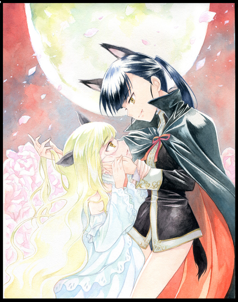 agahari, perrine h. clostermann, sakamoto mio, strike witches, world witches series, bad id, bad pixiv id, 00s, 2girls, animal ears, bottomless, cape, dress, fang, full moon, glasses, hand on another's face, holding hands, long hair, moon, multiple girls, petals, ponytail, profile, vampire