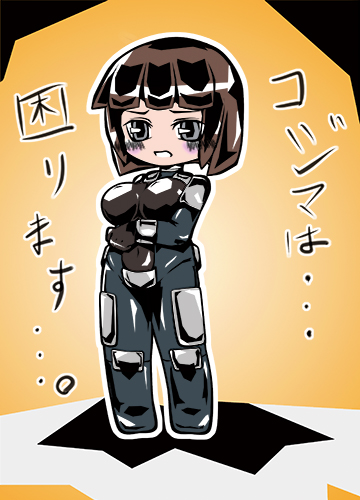armored core, armored core: for answer, fromsoftware, lowres, 1girl, blush, breasts, brown hair, female focus, full body, mecha musume, solo, standing