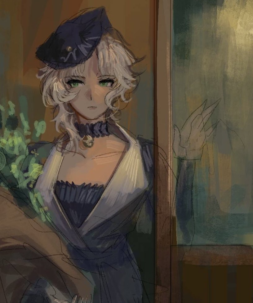 druvis iii, reverse:1999, 1girl, black hat, blonde hair, blue dress, bouquet, brown background, closed mouth, dress, facing viewer, flower, fragrance (freakyduck9000), glass, green eyes, hand up, hat, holding, holding bouquet, mistletoe, short hair, sketch, solo, straight-on, upper body