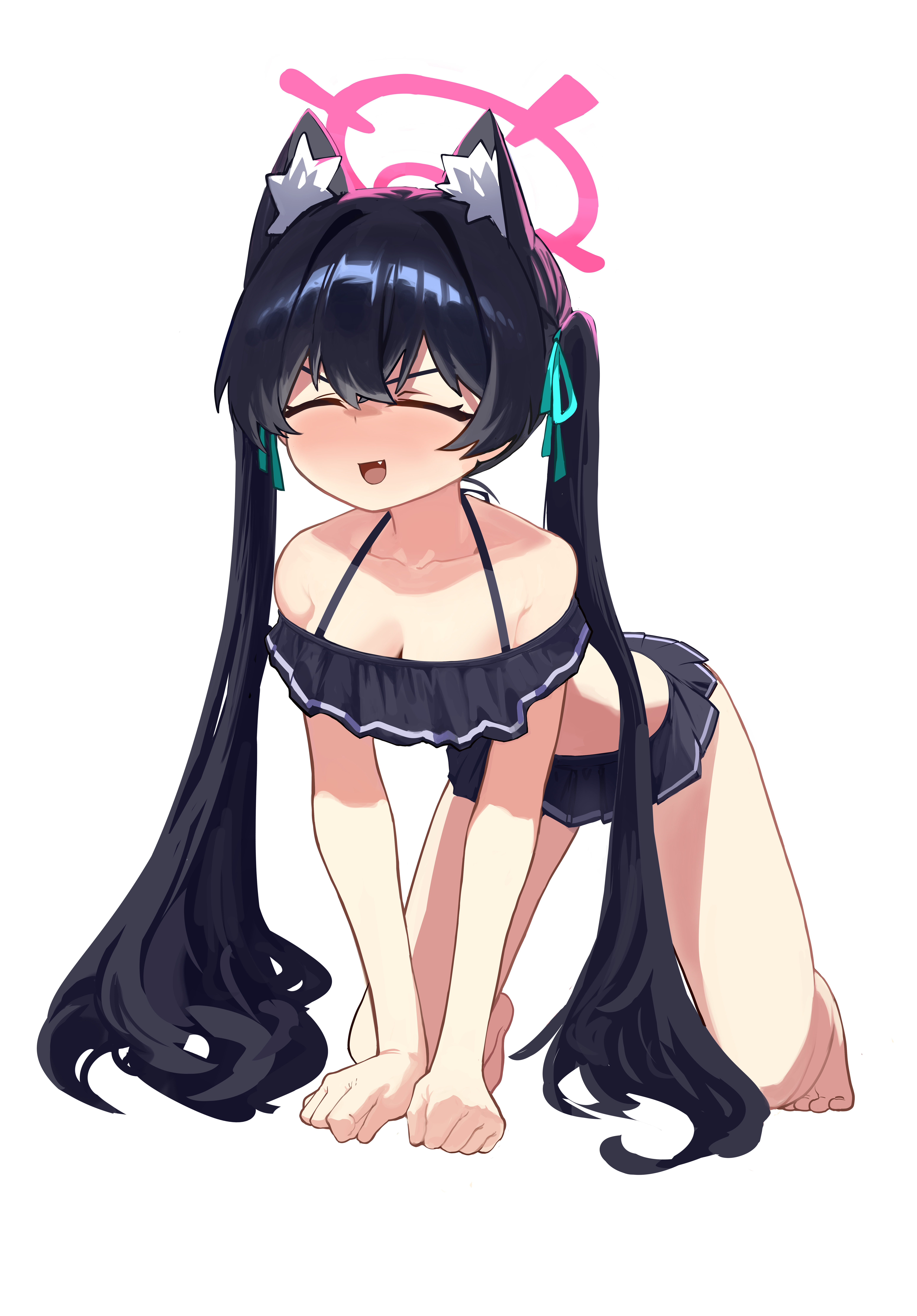 serika (blue archive), serika (swimsuit) (blue archive), blue archive, absurdres, commentary request, highres, 1girl, all fours, animal ear fluff, animal ears, bikini, bikini skirt, black bikini, black hair, cat ears, closed eyes, extra ears, frilled bikini, frills, halo, long hair, off-shoulder bikini, off shoulder, official alternate costume, pink halo, rokun, ruffle bikini, simple background, solo, swimsuit, twintails, white background