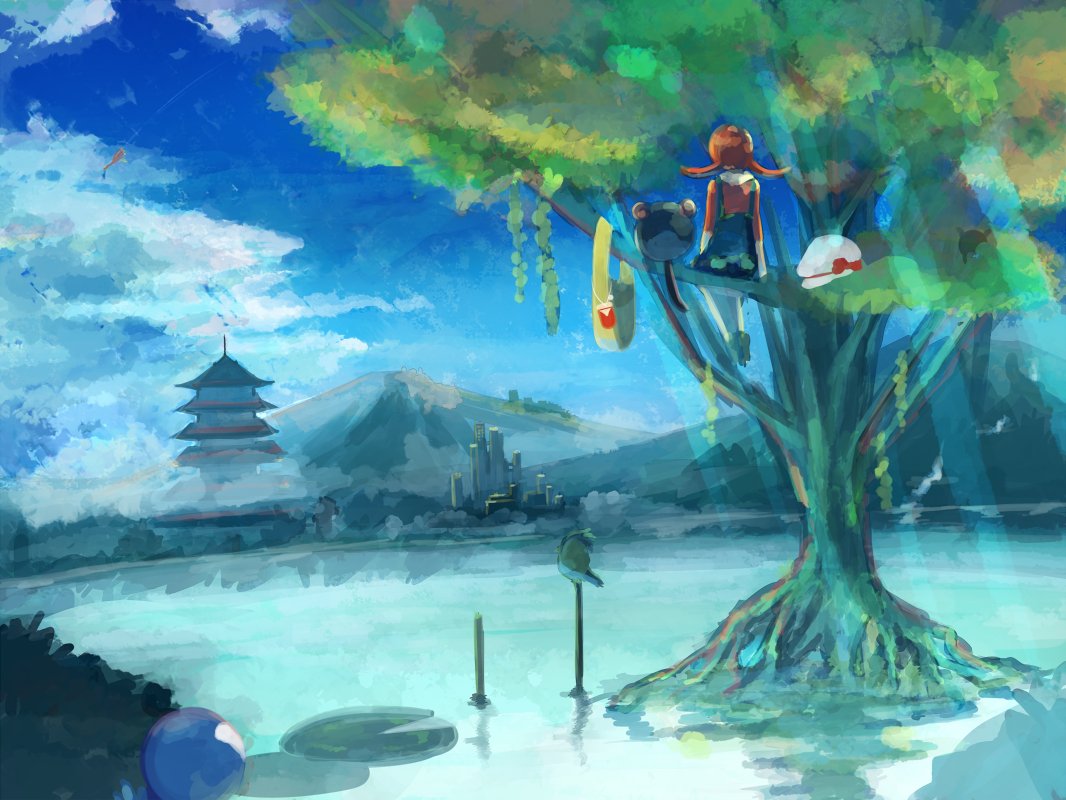 neves, lyra (pokemon), marill, pidgey, poliwag, nintendo, pokemon, pokemon hgss, making-of available, 00s, 1girl, bag, bow, city, fog, gen 1 pokemon, gen 2 pokemon, hat, hat ribbon, lily pad, mountain, nature, overalls, pagoda, pokegear, pokemon (creature), red ribbon, ribbon, tower, tree, twintails, unworn bag, unworn hat, unworn headwear, water