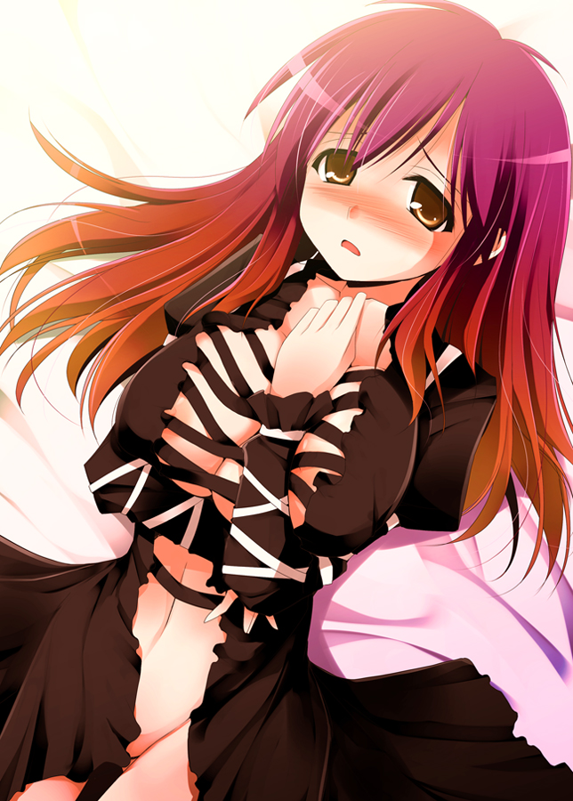 kurikara, hijiri byakuren, touhou, 1girl, blush, breasts, brown eyes, brown hair, cleavage, dress, female focus, gradient hair, groin, large breasts, long hair, lying, multicolored hair, navel, nipple slip, nipples, no panties, open clothes, open dress, ribbon, solo