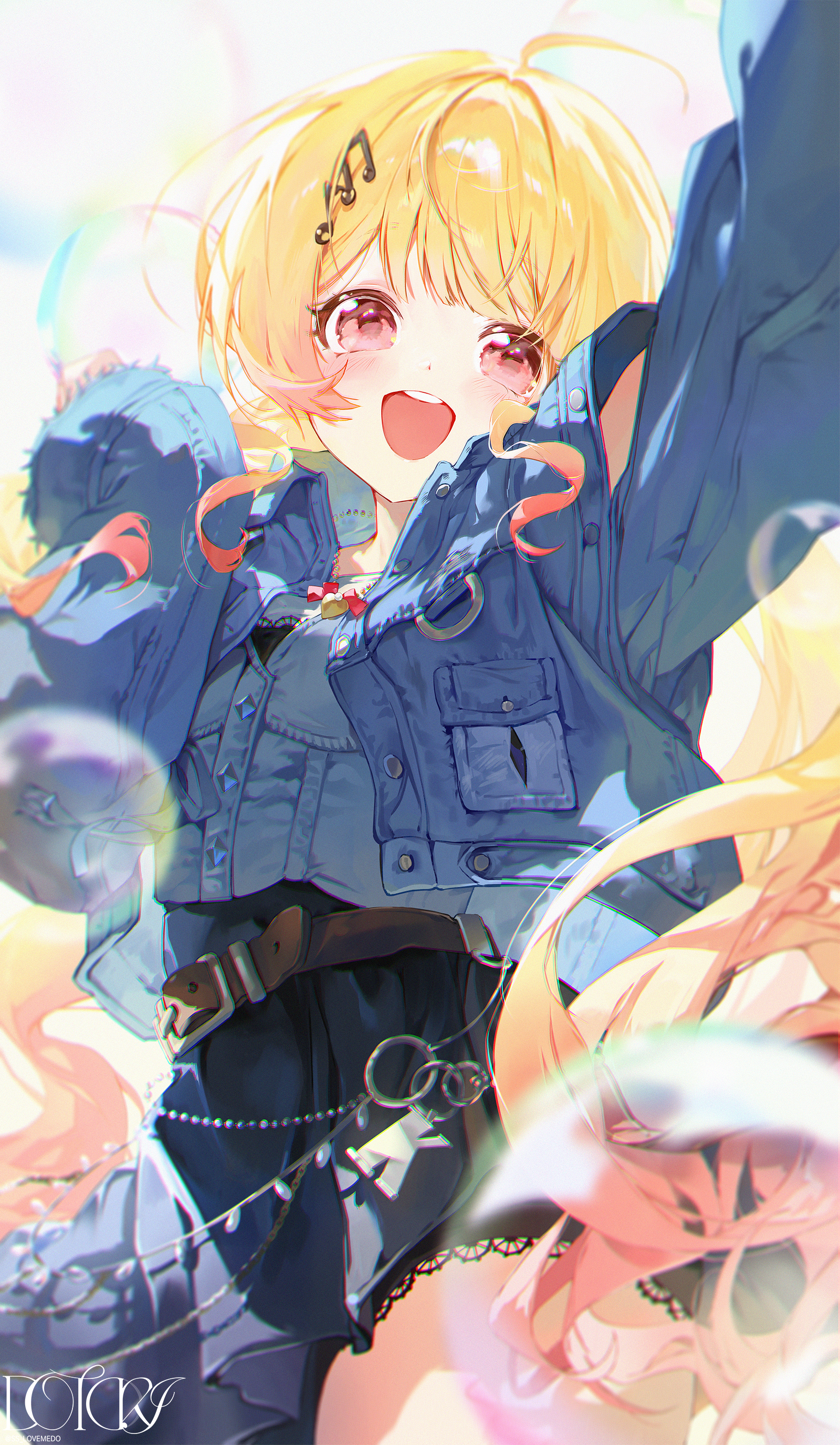 dotori (seulseul), otonose kanade, hololive, hololive dev is, absurdres, commentary request, highres, :d, ahoge, arm up, beamed eighth notes, belt, black skirt, blonde hair, blue jacket, blue shirt, brown belt, brown eyes, bubble, denim, denim jacket, denim shirt, eighth note, fortissimo, gradient hair, hair ornament, hairclip, hand up, jacket, lace-trimmed shorts, lace trim, long hair, looking at viewer, miniskirt, multicolored hair, musical note, musical note hair ornament, official alternate costume, open mouth, orange hair, otonose kanade (flashpoint), outstretched arm, shirt, shorts, shorts under skirt, sidelocks, skirt, sleeves past wrists, smile, teeth, twintails, upper teeth only, very long hair, virtual youtuber