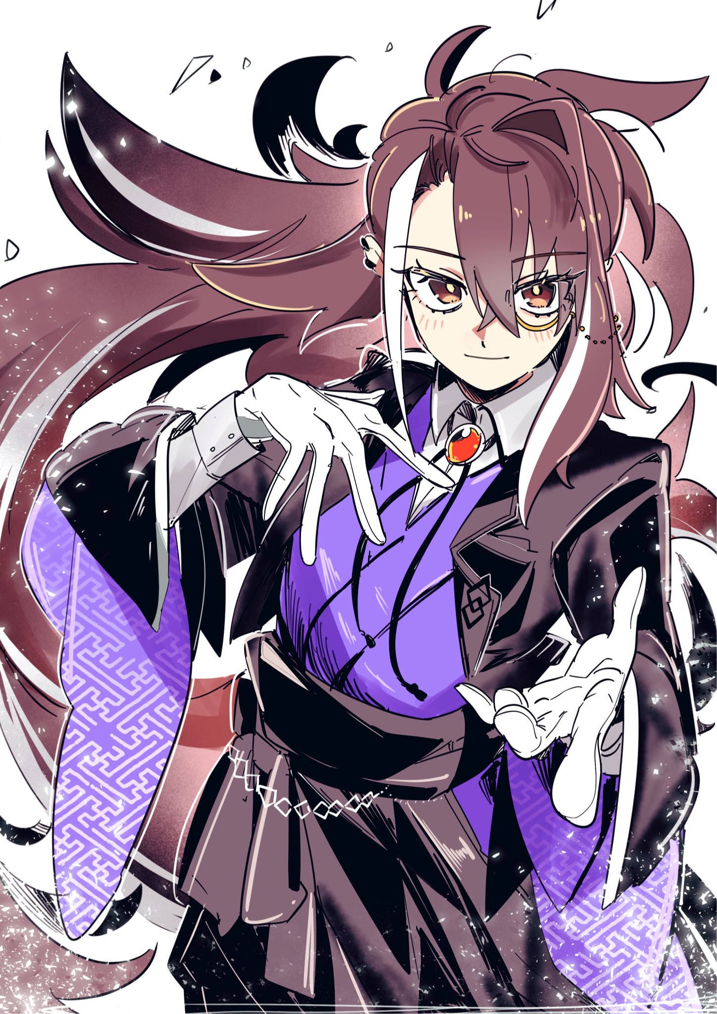 kuriimu0203, kawakami gensai (fate), fate/grand order, fate (series), commentary request, highres, 1girl, brown eyes, brown hair, butler, female butler, gloves, japanese clothes, kimono, light smile, long hair, monocle, purple kimono, reaching, reaching towards viewer, white gloves, wide sleeves