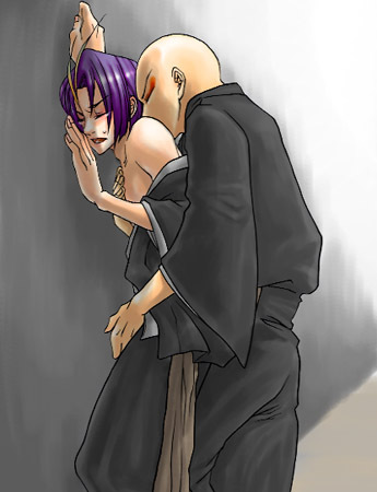 ayasegawa yumichika, madarame ikkaku, bleach, lowres, 00s, 2boys, blush, closed eyes, handjob, kiss, male focus, multiple boys, open mouth, penis, sweatdrop, tears, yaoi